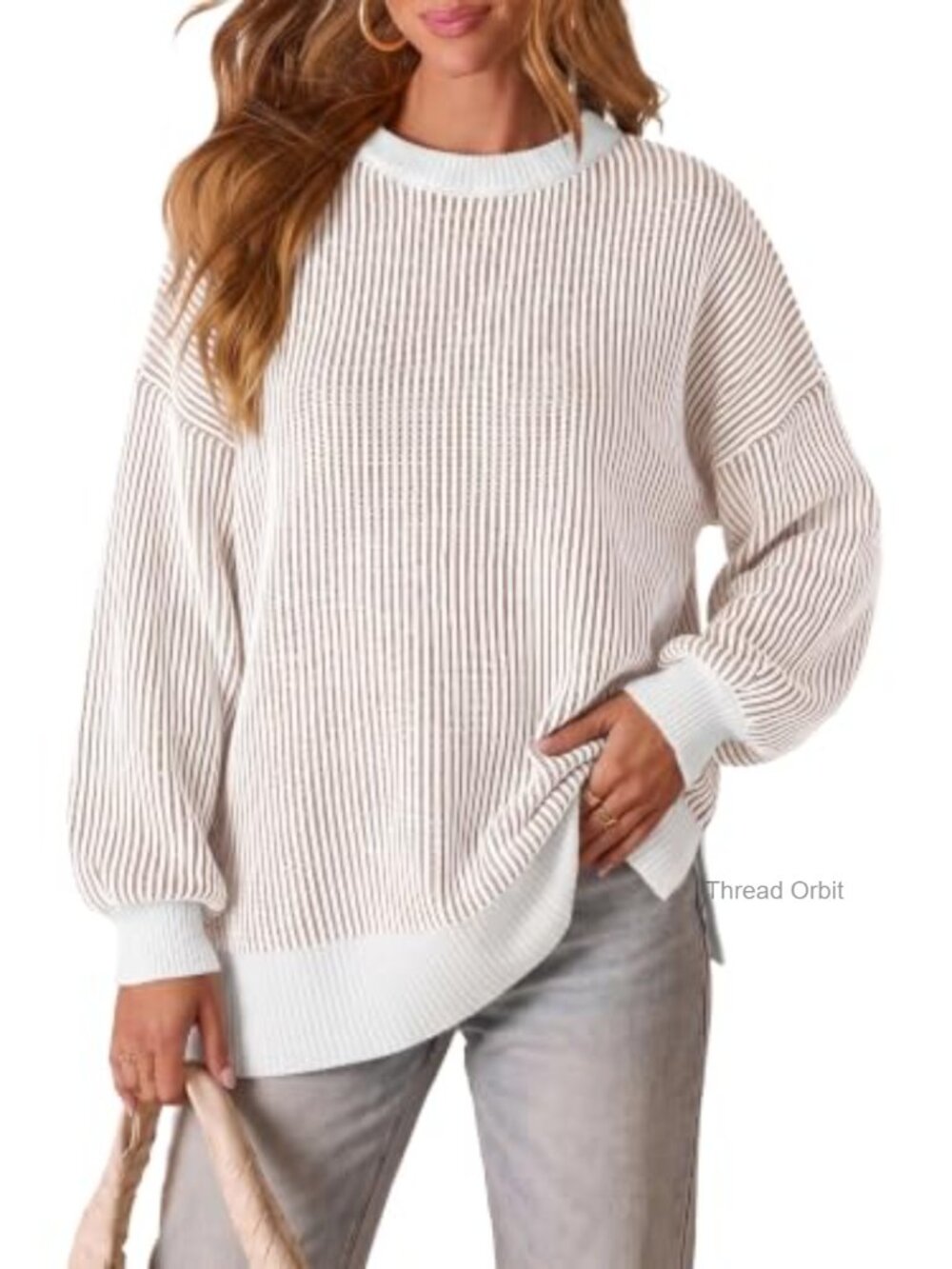Oversized Striped Knit Pullover Sweater Women Crew Neck Batwing Sleeve Tunic Top